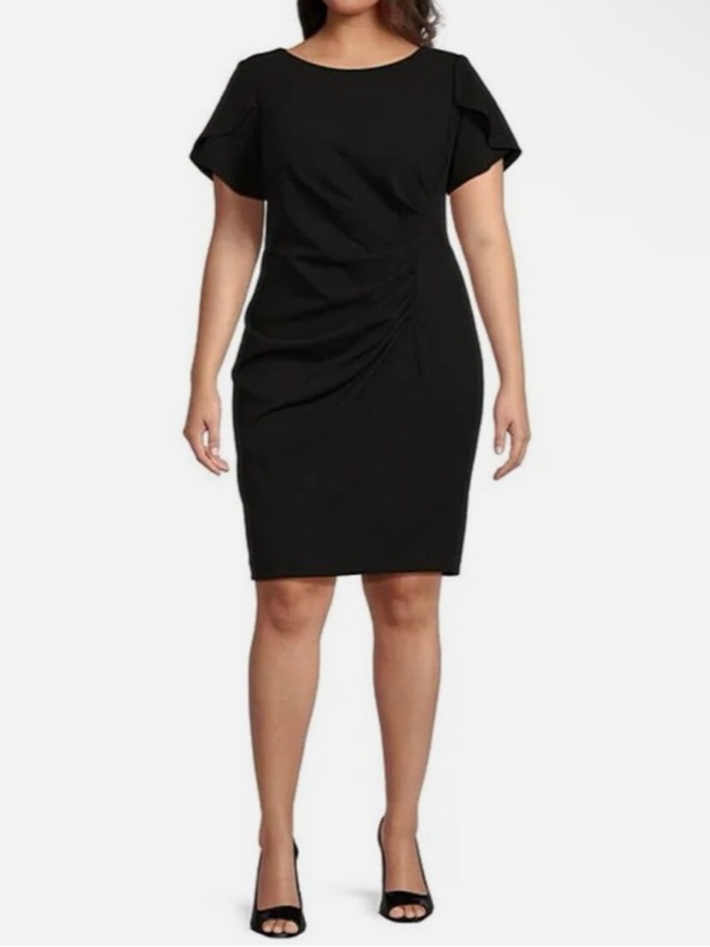 DKNY Short Tulip Sleeve Boat Neck Ruched Waisted Sheath Dress